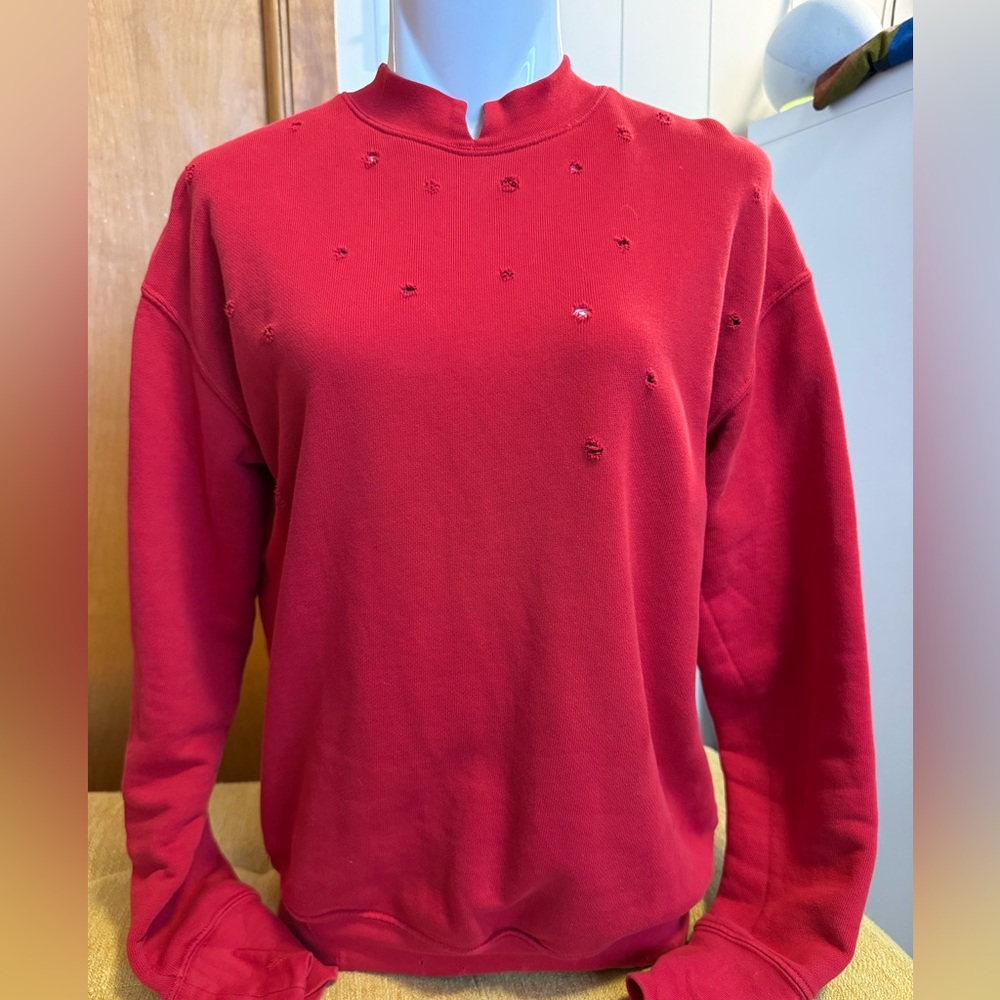 Helmut Lang Red Distressed Crewneck Sweatshirt Size Small